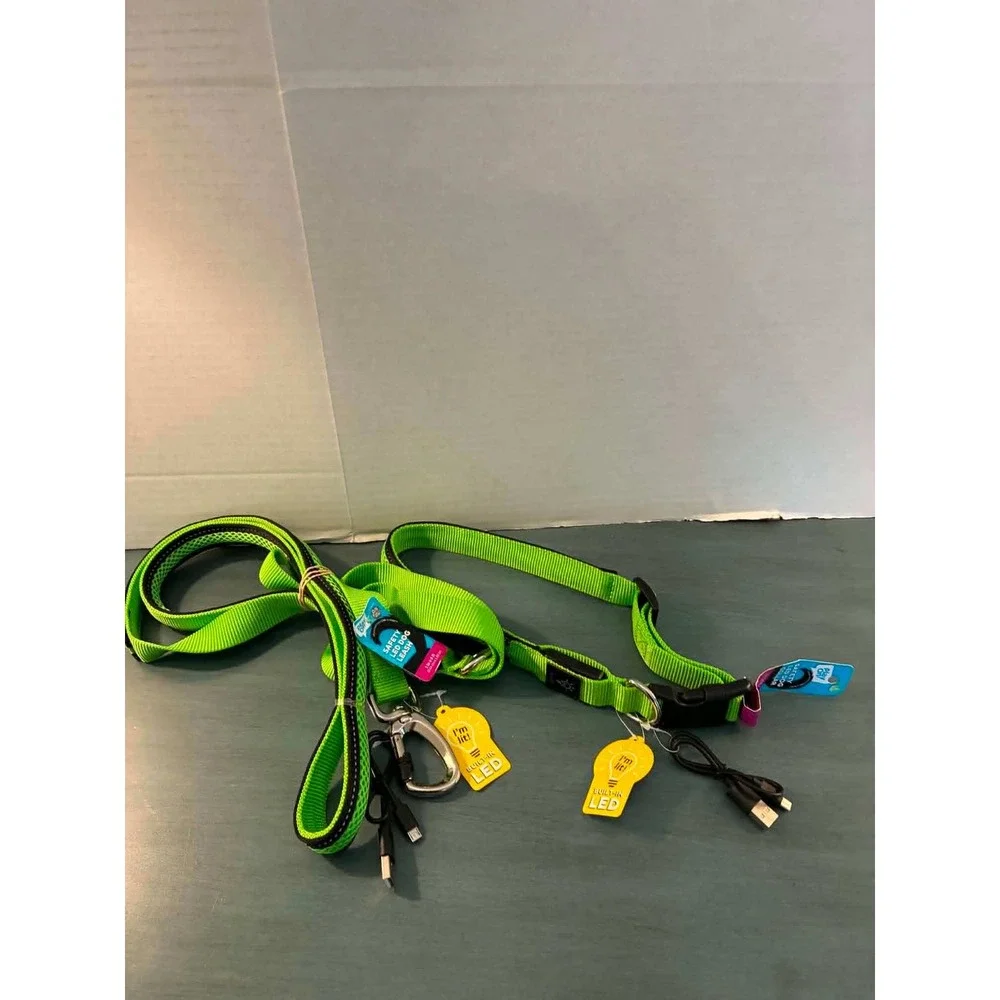 Play On LED Dog Leash and Collar Set M/L Green New USB Rechargeable Safety